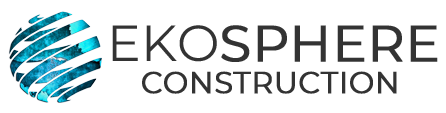 Ekopehere Construction logo: blue and white globe symbolizing global expertise, EKOSPHERE CONSTRUCTION in bold, Ulcinj, Montenegro.