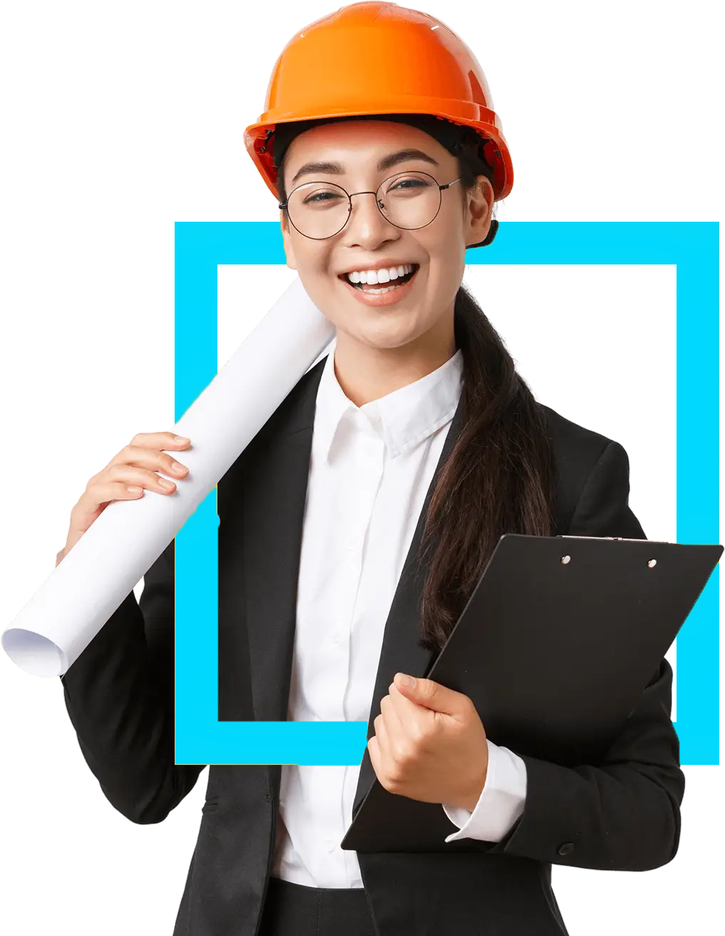 Confident architect in a black suit and orange helmet with blueprint, symbolizing expert building and engineering in Ulcinj by ekosphere doo.