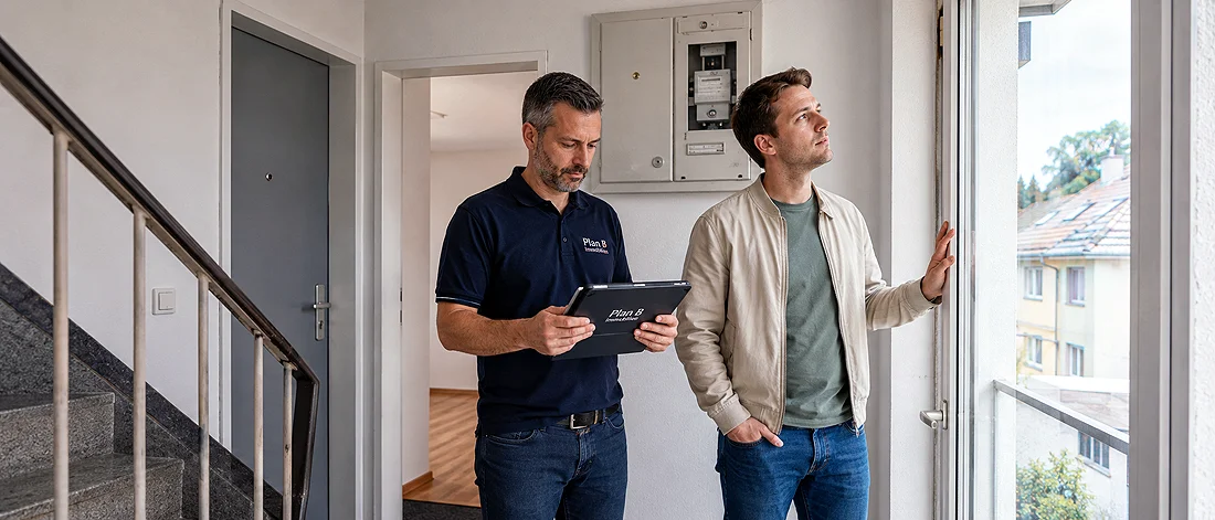 Technische Innenbesichtigung mit Tablet, Treppenbereich und sichtbarem Schaltschrank zur Qualitätskontrolle.