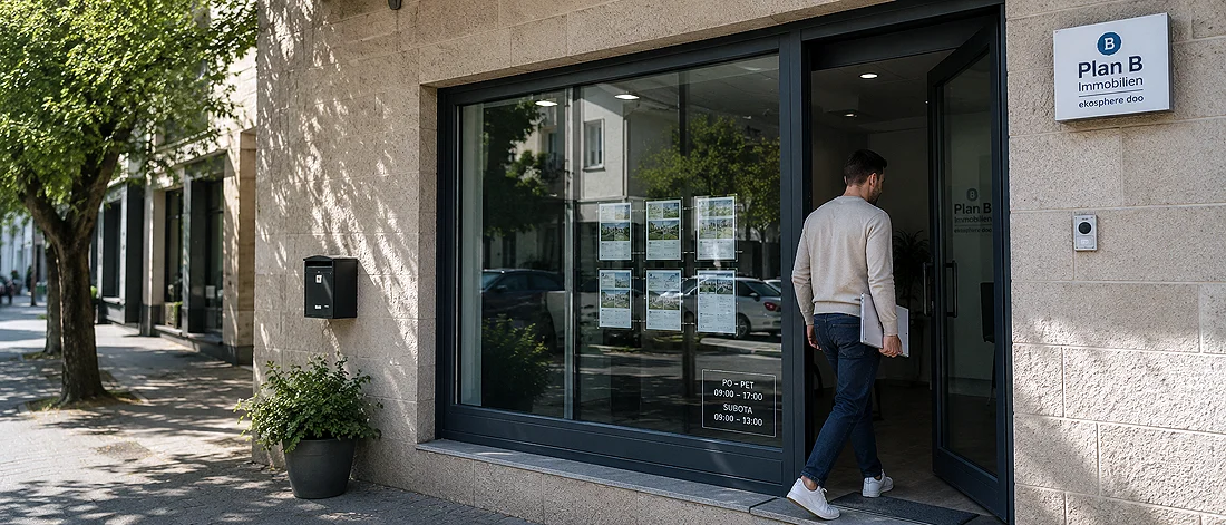 Ein Mann betritt durch eine Glastür ein Immobilienbüro namens „Plan B Immobilien“. Im Schaufenster sind mehrere Immobilienanzeigen ausgestellt, und an der Steinmauer neben dem Eingang ist ein Briefkasten angebracht.