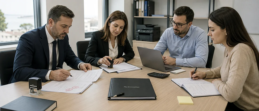 Vier Personen in Geschäftskleidung sitzen in einem Büro um einen Tisch herum und prüfen und unterzeichnen Dokumente. Auf dem Tisch liegen ein Laptop, ein Taschenrechner, ein Ordner und Schreibutensilien. Im Hintergrund sind Regale und Fenster zu sehen.