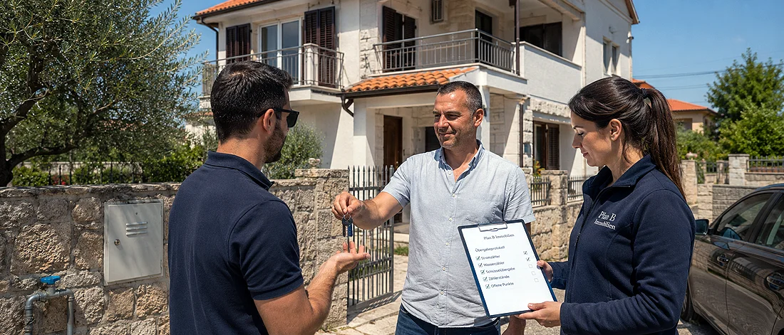 Übergabesituation vor einem Wohnhaus als Symbol für strukturierte Projektentwicklung, Koordination und verantwortete Umsetzung.