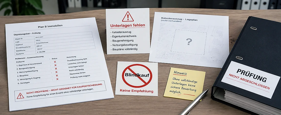 Unvollständige Projektunterlagen mit markierten Risiken und offenen Entscheidungspunkten.