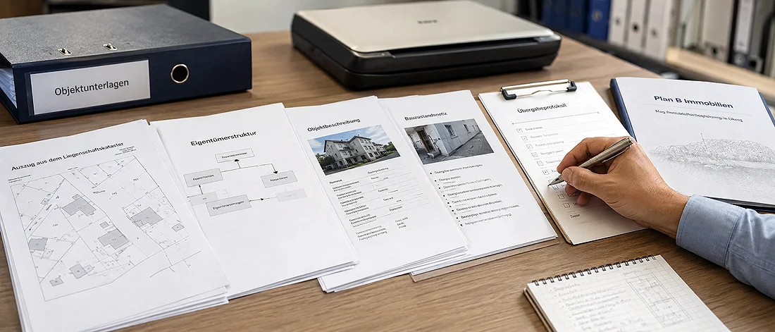 Prüfung von Bauplänen, Objektfotos und technischen Dokumenten mit Checkliste am Arbeitsplatz.