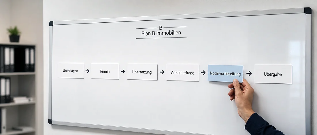 Visualisierter Projektablauf auf einem Whiteboard mit aufeinander abgestimmten Planungs- und Ausführungsschritten.