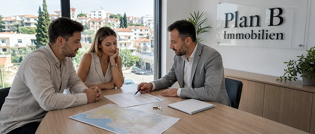 Beratungsgespräch zu einem Bauprojekt in Ulcinj mit Unterlagen, Lagekarte, Notizblock und Schlüsseln auf dem Besprechungstisch.