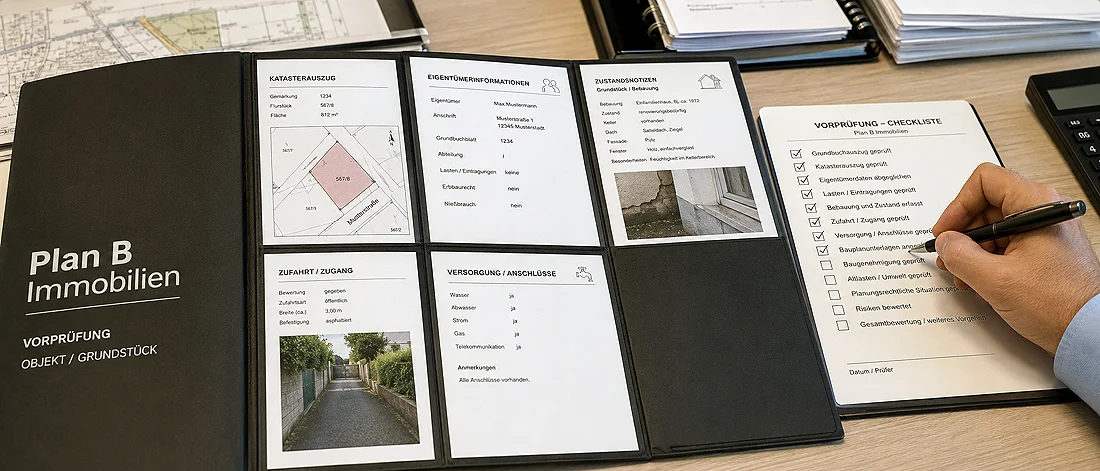 Vorprüfung eines Bauprojekts mit Checkliste, Projektordner, Karten und Kostenunterlagen.