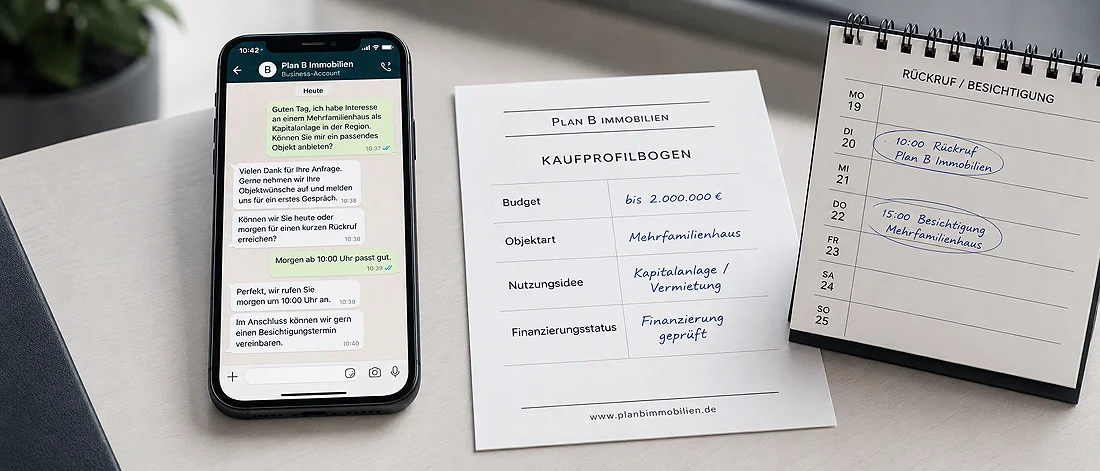 WhatsApp-Anfrage mit Projektangaben, Terminnotizen und vorbereitetem Bauprofil.