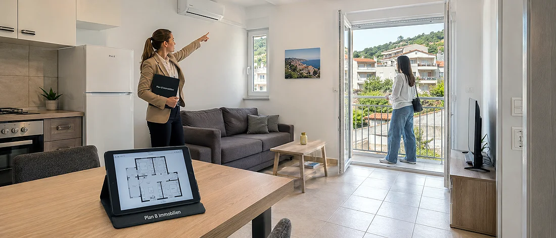 Innenraumprüfung eines Wohnbauprojekts mit Grundriss auf einem Tablet und sichtbarer technischer Ausstattung.